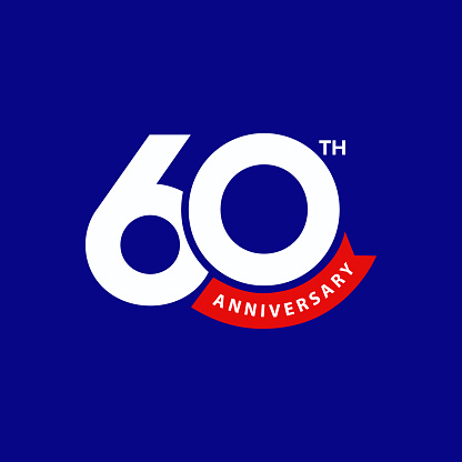 60th anniversary banner design with modern letter logo o number 60 and red ribbon on blue background. Company 60 years celebration badge design. Birthday wishing template, poster, greeting card.