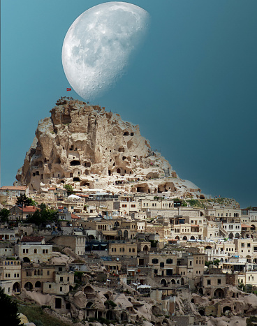 Cappadocia Uhisar Castle is a magnificent view at moon. Nevsehir,Turkey