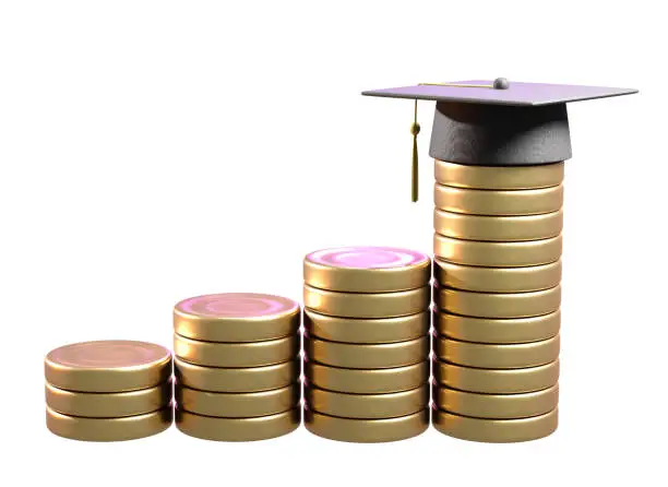 Photo of Scholarship money concept. graduation cap with money stack step growing growth, clipping path