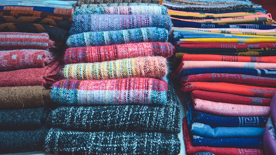 Textiles or fashion materials at a market (or shuk) in Jerusalem, Israel.