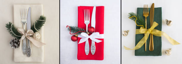 istock Collage of Christmas table setting on light background. Top view. 1702661213