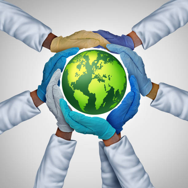 Earth day health symbol as climate action celebration as an international for renewable energy concept or eco friendly habitat protection for sustainability as community health workers working as a team.