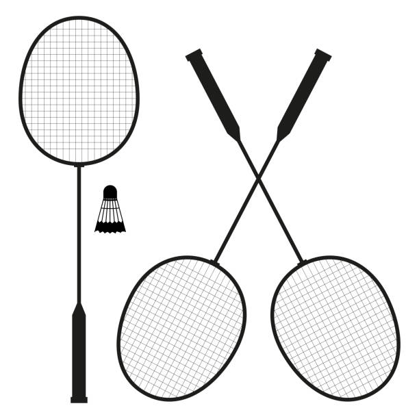 Badminton rackets icon Black icons of sports badminton rackets and shuttlecock badminton racquet stock illustrations