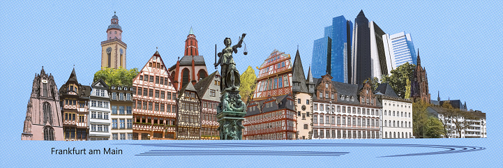 Landmarks collage of the city of Frankfurt am Main, Germany - contemporary creative modern art collage or design - travel concept in retro style