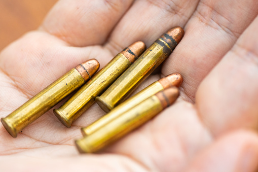 This is a photograph of a man’s hands holding .22 caliber bullets in his hand in Florida, USA.