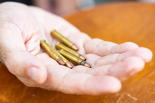 This is a photograph of a man’s hands holding .22 caliber bullets in his hand in Florida, USA.