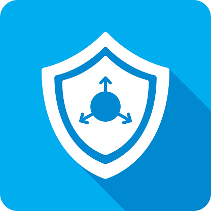 Vector illustration of a shield with three dimensional cursor icon against a blue background in flat style.