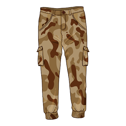 Vector Cartoon Illustration - Sand Color Camouflage Cargo Pants on White Background