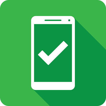 Vector illustration of a smartphone with checkmark icon against a green background in flat style.