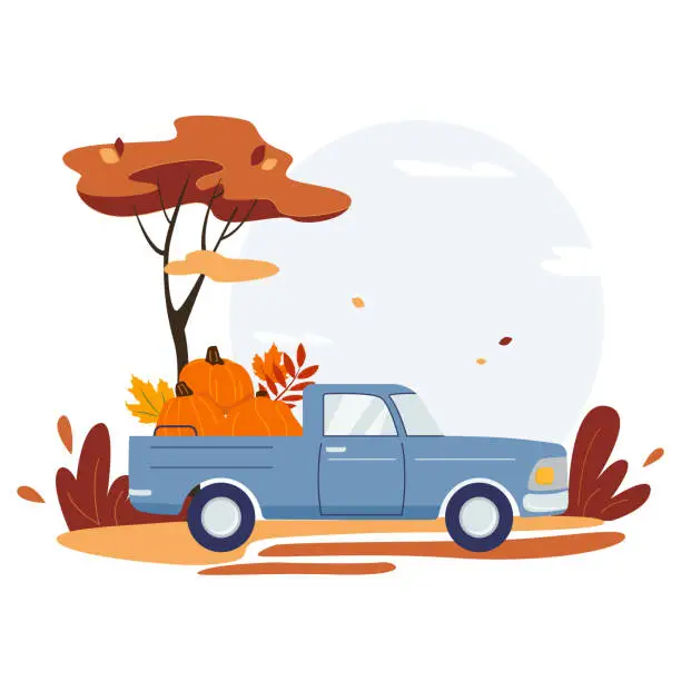 Vector illustration of An old blue harvest cartoon truck carrying a large ripe orange pumpkin. Element for postcards for Thanksgiving. Autumn banner. Vector illustration in flat style on white background