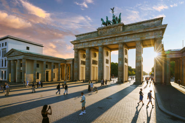 Brandenburg Gate during sunset in Berlin, Germany stock photo