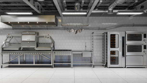 interior de cocina industrial moderna con horno de cubierta, gabinete, utensilios de cocina y equipos - commercial kitchen bakery front view baking fotografías e imágenes de stock