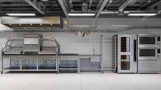 Modern Industrial Kitchen Interior With Deck Oven, Cabinet, Kitchen Utensils And Equipment