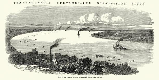 Vintage illustration Riverboats, Down the lower Mississippi river, from Baton Rouge, American History, 1850s 19th Century