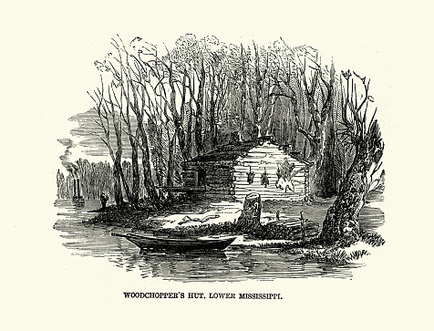 Vintage illustration Woodchopper's hut, Log cabin, lower Mississippi river, American History, 1850s 19th Century
