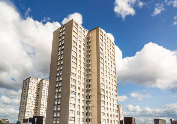 Tall apartment blocks on the skyline on a sunny day in Glasgow's city centre.