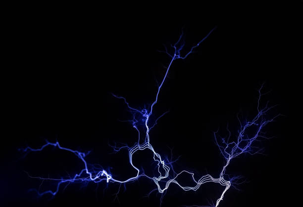 Electrical lightning bright white blue sharp electric energy detail on black background. Power generation, electricity, high voltage abstract concept, nobody, no people. Thunderbolt, flash, discharge