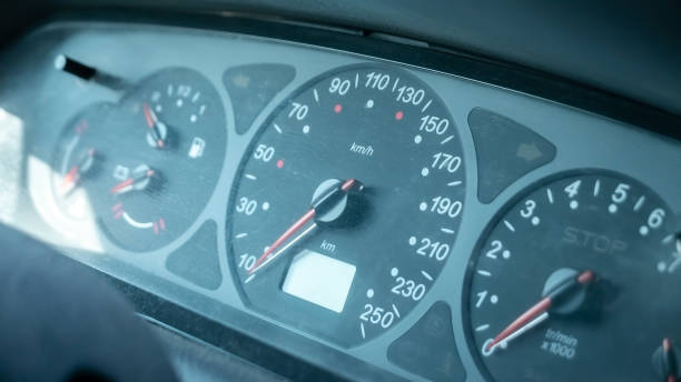 istock A simple dusty old speedometer in a generic motionless stopped car interior, object detail, closeup, vehicle dashboard dials cinematic movie still shot. Meter showing speed in kilometers per hour, kmh 1702735249