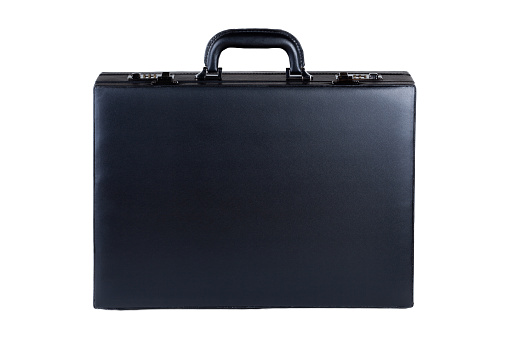 Classic big black premium quality business briefcase with with a handle, side view, object isolated on white background, cut out, nobody, asset design element businessman briefcase from the side