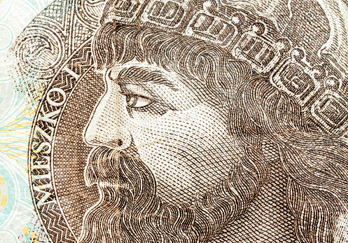 Polish king Mieszko I on a 10 zl ten zloty banknote bill macro detail, extreme closeup shot, portrait, face up close. Poland, Polish history, culture and currency, financial system simple concept