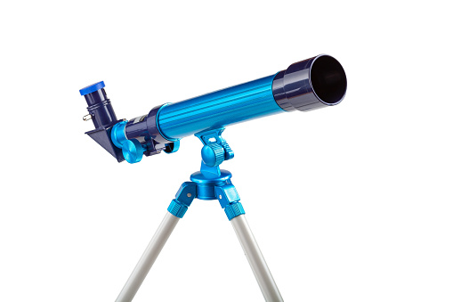 Simple blue toy telescope on a tripod, single object isolated on white background, closeup. Space observation science instruments, tools for kids, children, astronomy hobby conceptual symbol, nobody