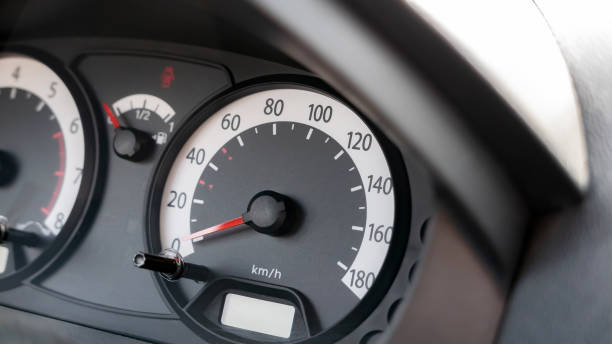 istock Speedometer in a simple generic motionless stopped car interior object detail closeup, showing speed in kilometers per hour, kmh unit, 0 to 180 speed measurement EU European car, nobody, no people 1702743600