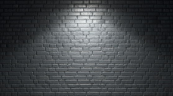 Black brick wall illuminated with lights backdrop. 3d rendering