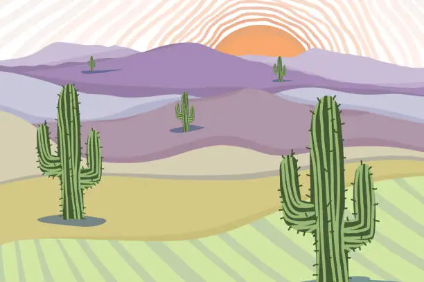 Vector illustration of Sunset in the desert far far away