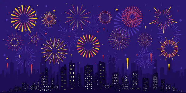 Vector illustration of Vector illustration of a festive fireworks display over the city at night scene for holiday and celebration background design.