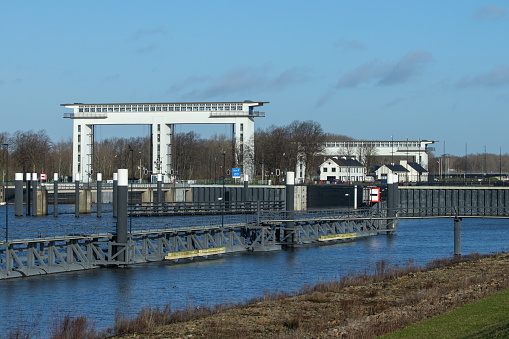 The Prinses Beatrix sluis in the Lek Canal is the largest, monumental inland navigation lock complex in the Netherlands. Vreeswijk Nieuwegein, Utrecht 28 February 2023.