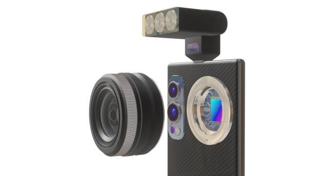 istock Conceptual 3D illustration of a mobile phone with interchangeable lens and flash, 3D rendering, isolated on white 1702775969