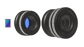 3D illustration of a system of lenses and matrix. The matrix and two corresponding lenses, white background, 3D rendering