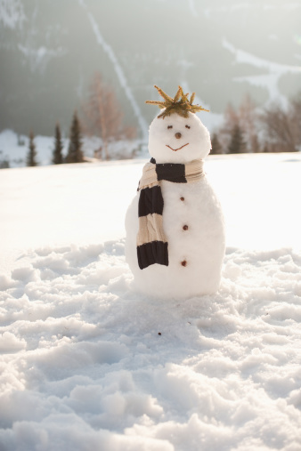 snowman in a red hat and scarf on a white isolated background