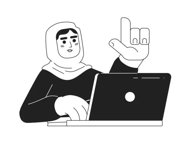 Vector illustration of Muslim woman in hijab at work monochromatic flat vector character