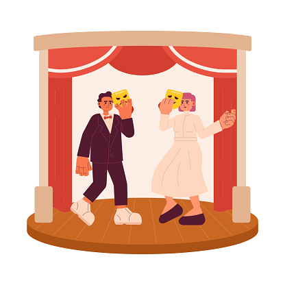 Theatre performance 2D vector isolated spot illustration. Creative hobby. Talented flat man and woman holding masks and acting on stage on white background. Colorful editable scene
