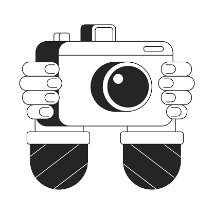 Professional photographer camera flat monochrome isolated vector object. Device for taking photos. Editable black and white line art drawing. Simple outline spot illustration for web graphic design