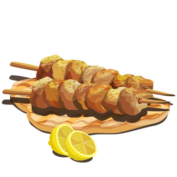 ilustrações de stock, clip art, desenhos animados e ícones de char-grilled chicken skewers (souvlaki) with fluffy pita bread and lemon. - opa! souvlaki of greece