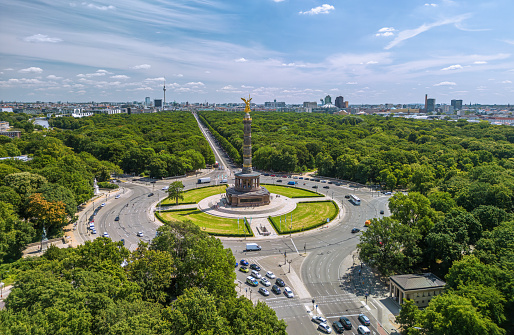 Berlin, Germany- July 10,2023: The drone aerial view of The Victory column in Berlin Tiergarten. Germany. Siegessaule was designed to commemorate the Prussion victory in the Prussian-Danish War.