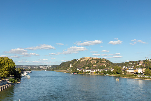 historic fortress Ehrenbreitstein in Koblenz at river Rhine