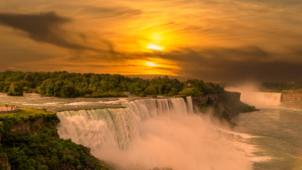 Golden light shows Niagara Falls at sunset with sun and clouds