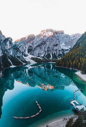 An Automn Vibes Drone shot in the italien dolomites. Lago di Braies, South Tyrol