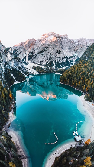 An Automn Vibes Drone shot in the italien dolomites. Lago di Braies, South Tyrol