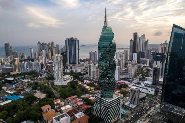 Beautiful aerial view of Panama City, its skyscraper buildings, the Cinta Costera at Sunset Beautiful aerial view of Panama City, its skyscraper buildings, the Cinta Costera at Sunset Casco stock pictures, royalty-free photos & images
