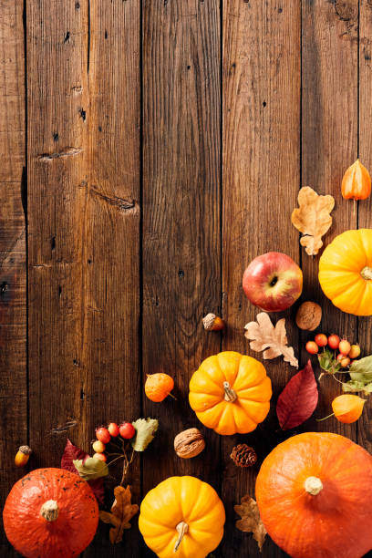 istock Happy Thanksgiving day vertical banner design. Flat lay pumpkins, autumn leaves, walnuts, red berries, pine cones on wooden table. 1702936626