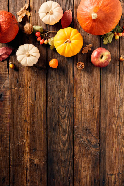 istock Vertical autumn flat lay composition with pumpkins, fall leaves, red berries, walnuts, pine cones on wooden background. Flat lay, top view, overhead. 1702937677