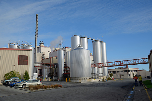 Hokitika, New Zealand, June 27, 2016: Storage silos await deliveries of raw milk at the Westland Milk Products factory in Hokitika, New Zealand.