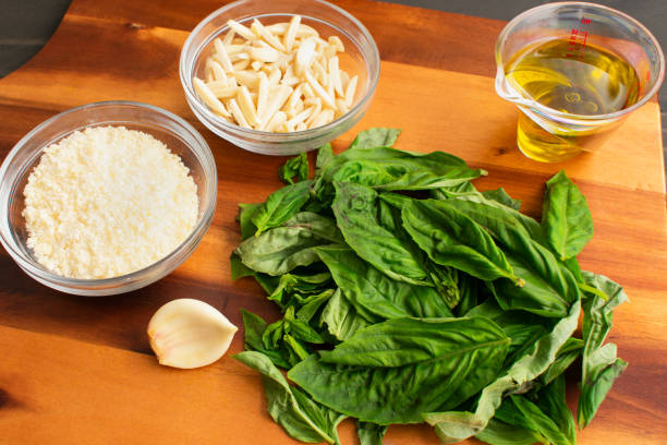 Pesto Ingredients on a Wooden Cutting Board