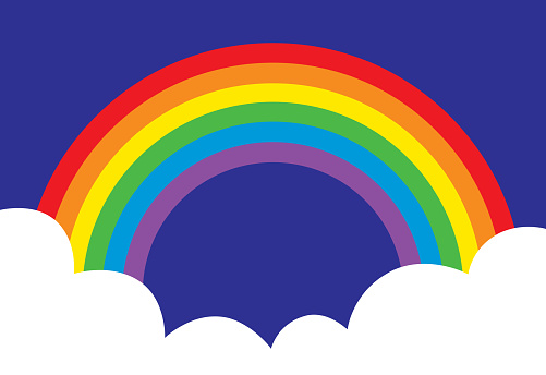 Vcetor illustration of a vibrant colored rainbow against a dark blue sky with white clouds in front of it.
