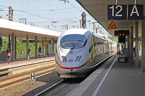 Dusseldorf, Germany - May 03, 2011: Front View of Fast ICE DB Intercity Express Train at Station in City.