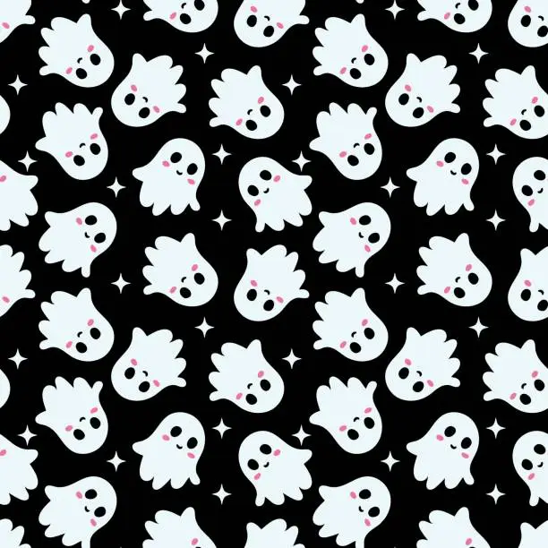 Vector illustration of Vector seamless minimalistic Halloween template on black background. Festive fall template with white kawaii ghosts and stars for printing on textiles or objects